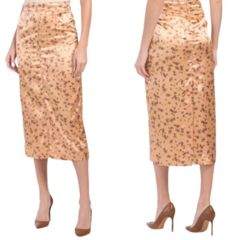 Zara Women’s Metallic Satin Floral Midi Skirt Back Slit Stretch XS
